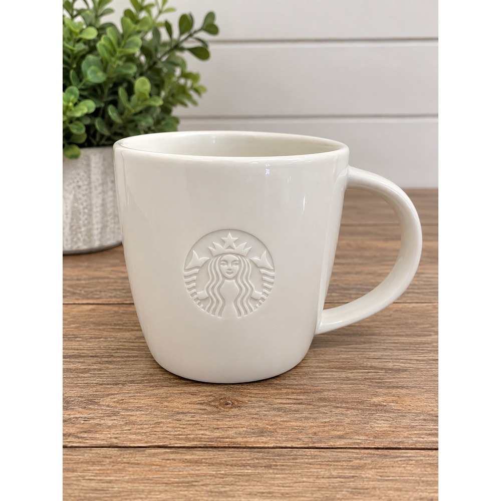 Starbucks 2010 White Siren Logo Ceramic Coffee Mug Embossed S Handle 12oz